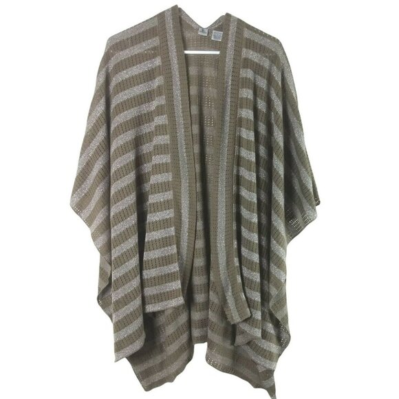 Chicos Ruana Draped Metalic Wrap Striped Open Front Cardigan OS Brown - Picture 1 of 7